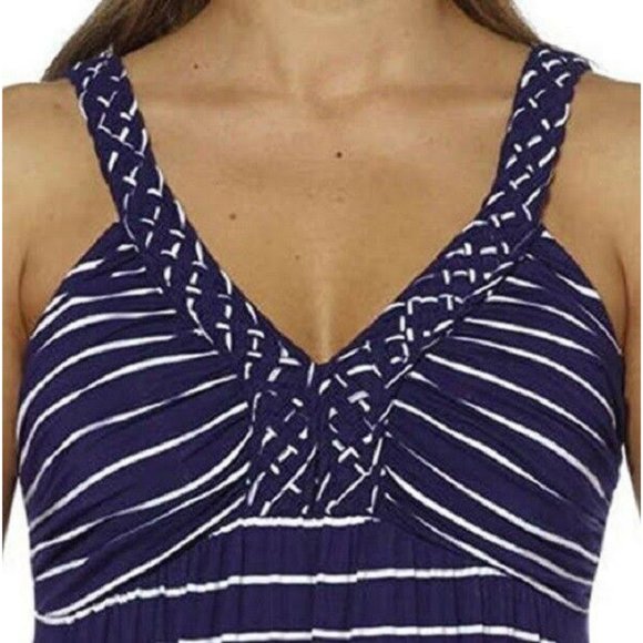 ๐ DESIGN HISTORY | Blue and White Striped Maxi Dress with Braided Neckline | L - Picture 2 of 10